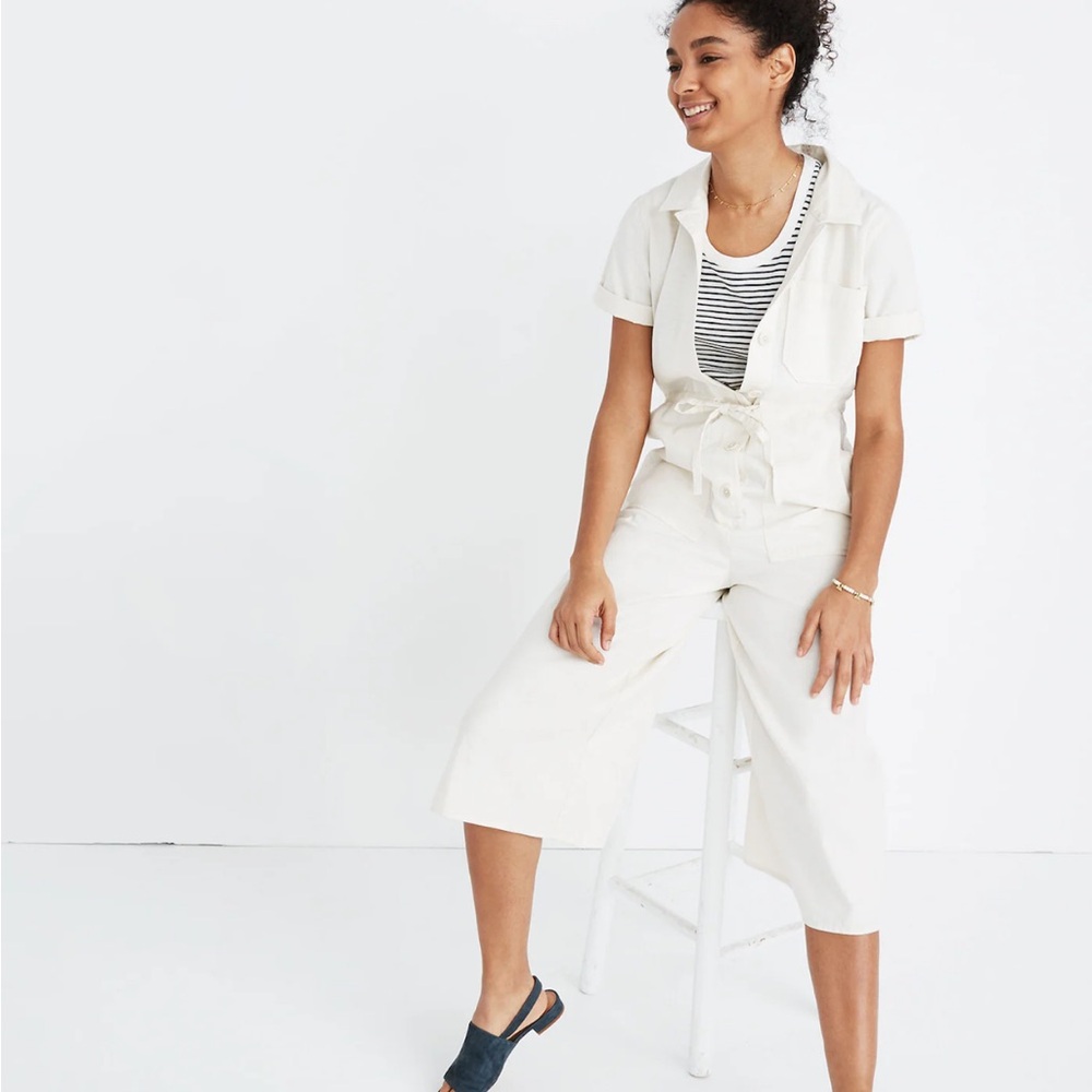 Madewell Cream Short Sleeve Jumpsuit with Tie Waist